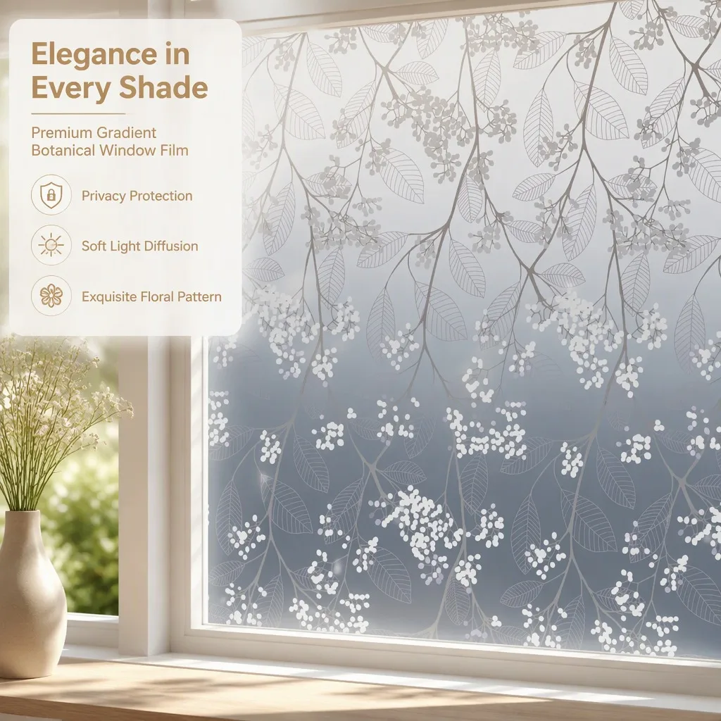 Gradient Botanical Privacy Window Film Static Cling Frosted Floral Pattern Sticker Non-Adhesive for Bathroom Bedroom