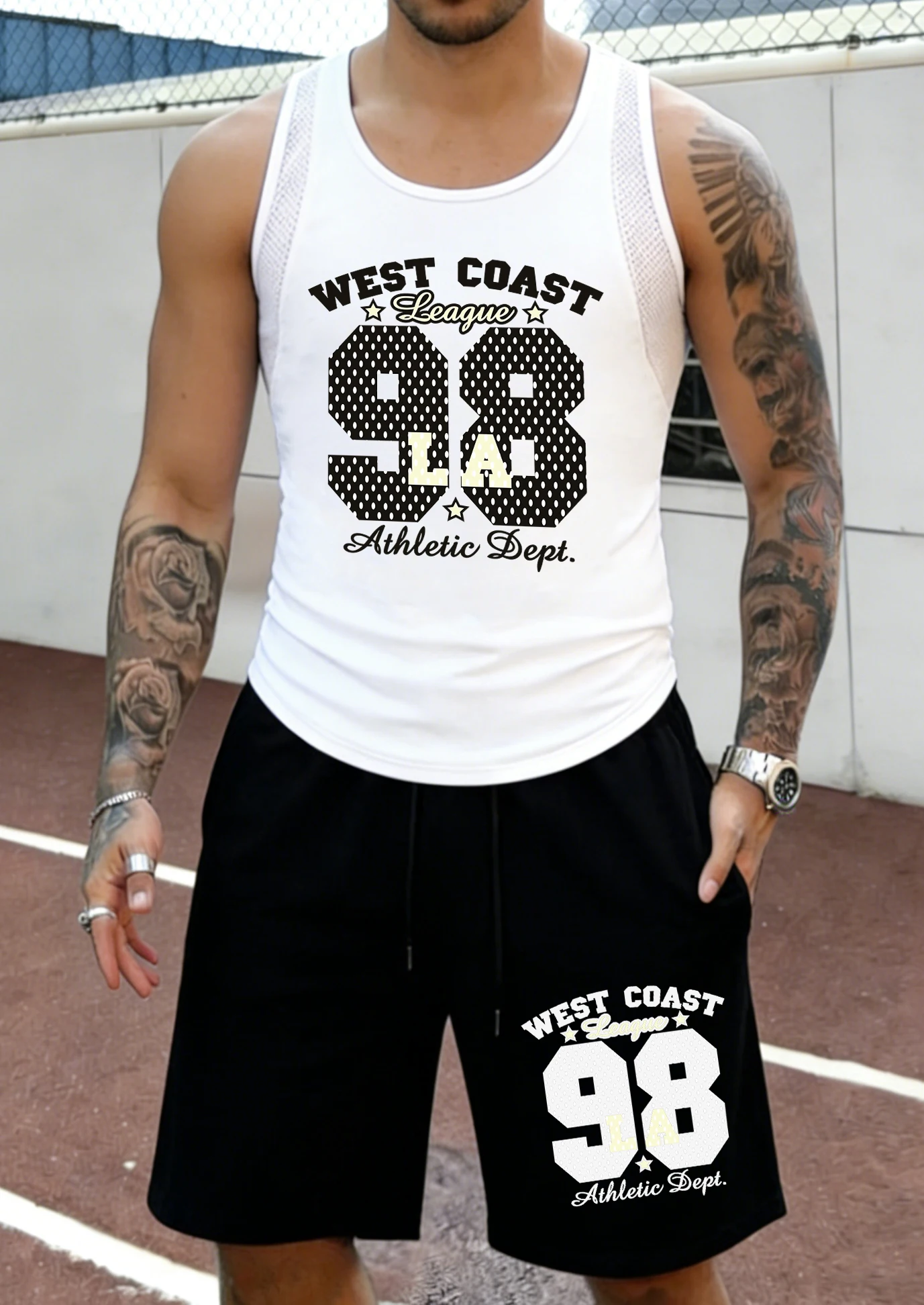 

West Coast Athletic No.98 Prints Man Summer Gym Mesh Vest Set Classic Pocket Shorts Quick Dry Running Sportswears Basic Clothes