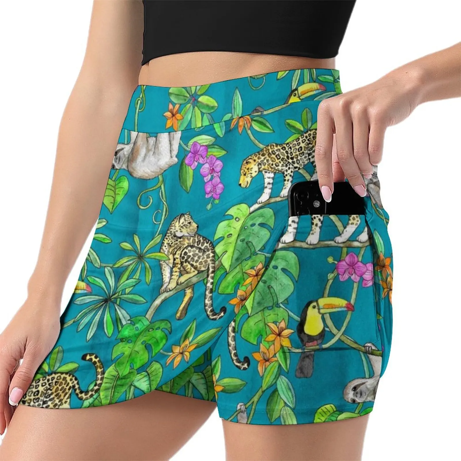 Rainforest Friends - watercolor animals on textured teal Mini Skirt Women's summer skirts women clothes Short skirts