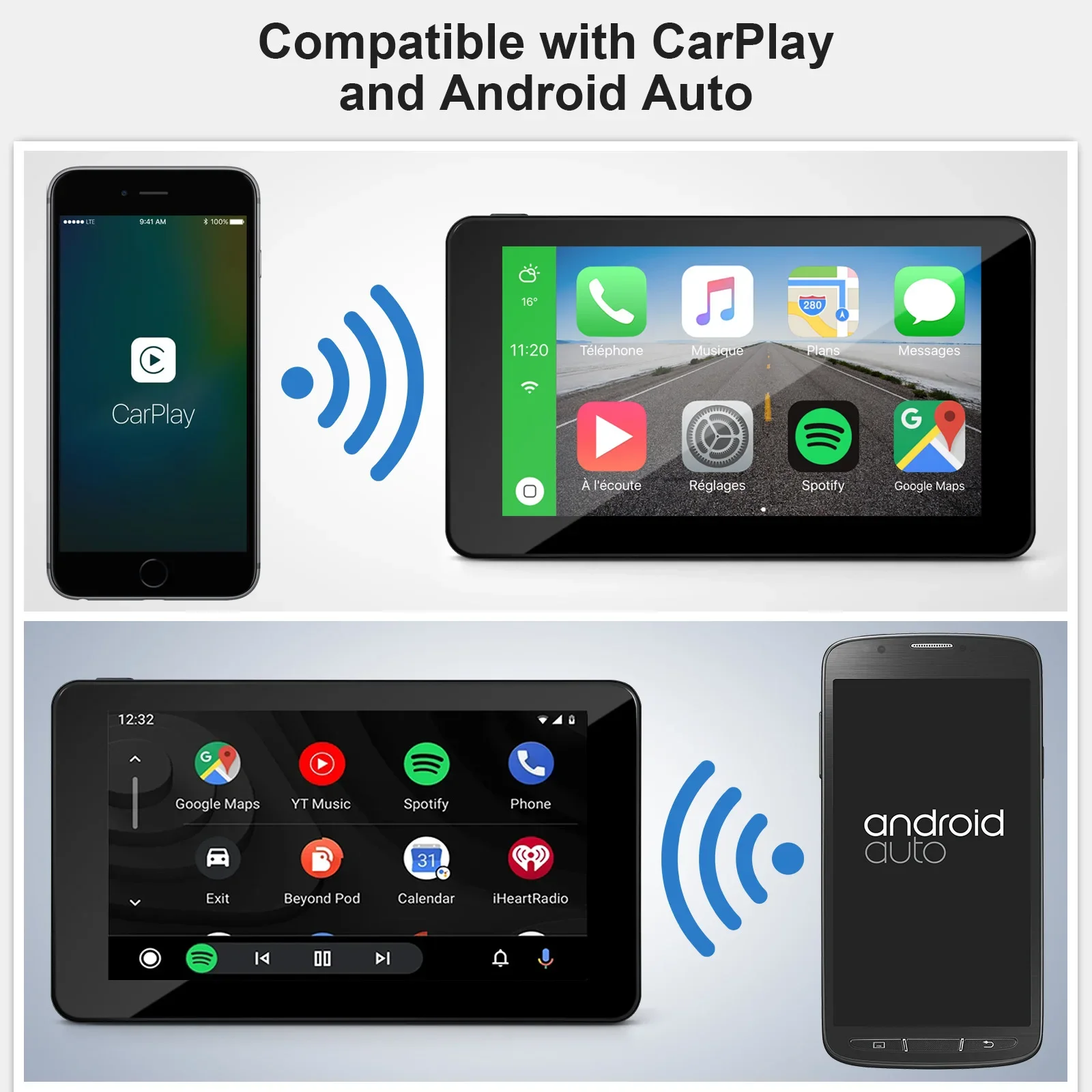 Wireless Carplay portable navigation device supports Android AUTO, mobile connectivity, front and rear recorders