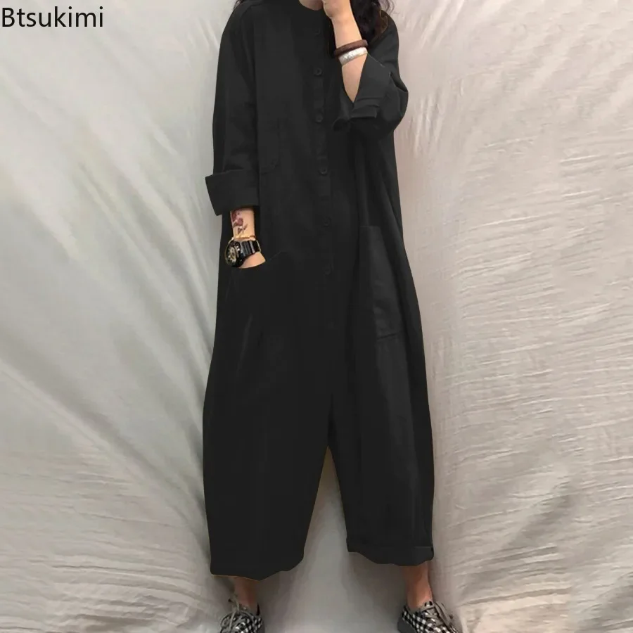 Baju kodok wanita, jumpsuit kasual Solid 2024 kerah berdiri lengan panjang Multi saku baju monyet perempuan longgar kaki lebar