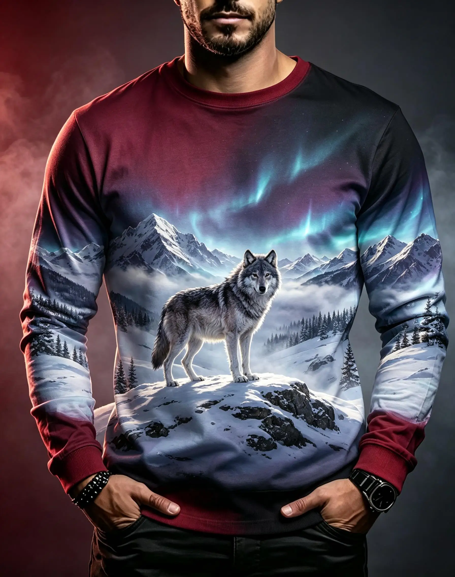 Northern Lights Snowy Mountain Wild Wolf Landscape Graphic Long Sleeve Tee, Men Polyester Outdoor Nature Shirt