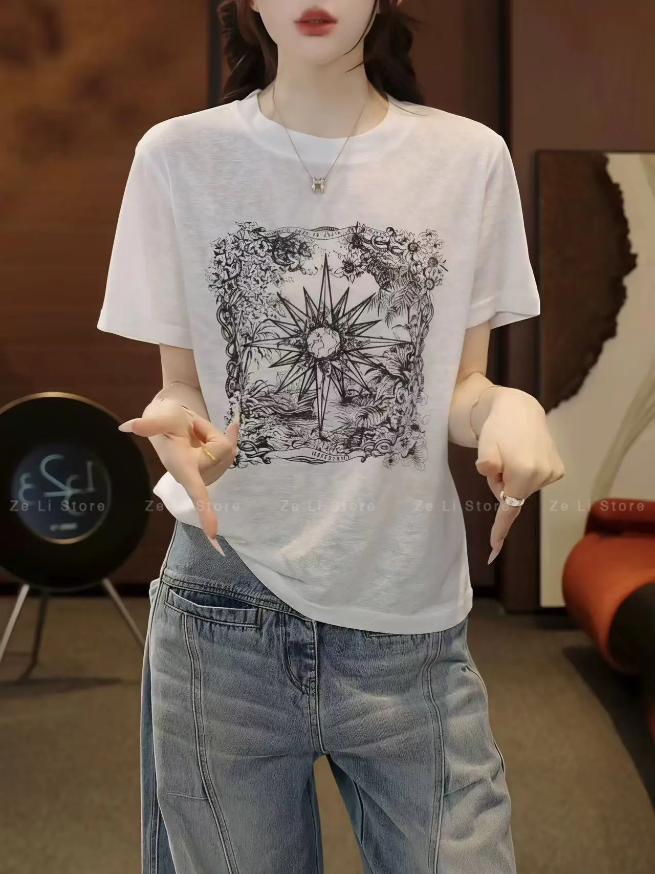 

Designer Printed Cooling Short-sleeve T-shirt for Women - 2026 Summer New Arrival, Casual, Versatile, and Slimming Top