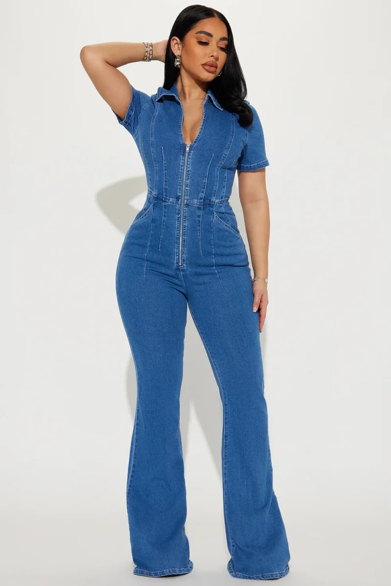Fashion Denim Jumpsuits Summer Clothing Women 2026 Short Sleeve Zipper Up Flare Jeans Rompers Playsuit One Piece Overalls Outfit