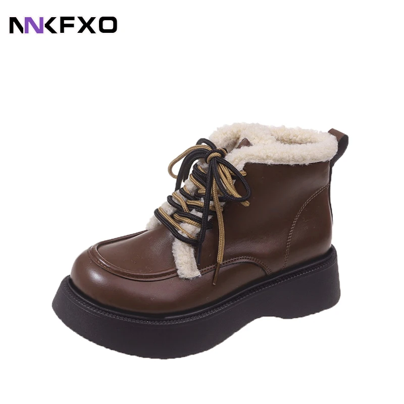 

2023 Women's Retro Snow Boots Female Autumn Winter Comfortable Warm Ankel Boots PU Leather Waterproof Front Lace Up Boots QB436