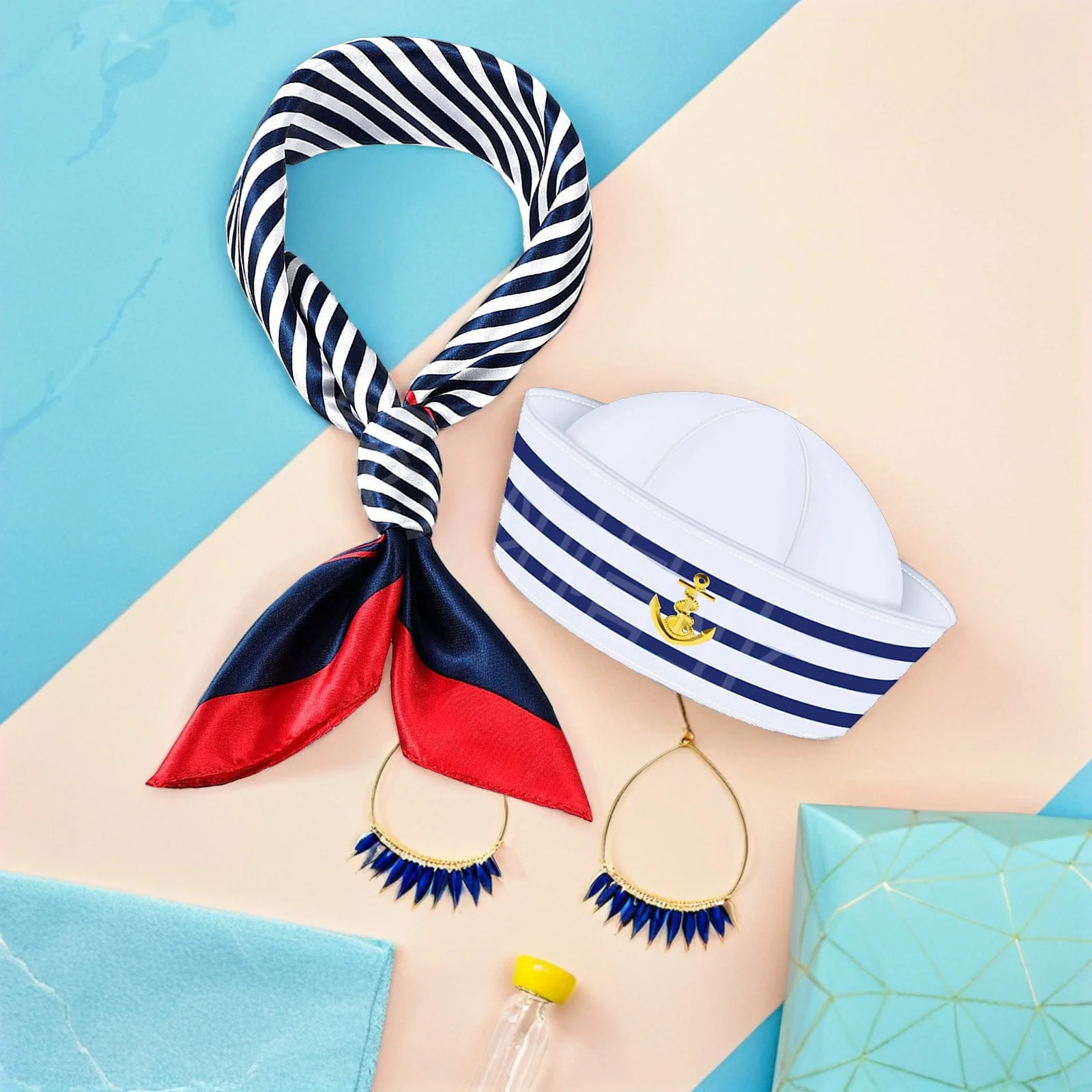 Set di sciarpe per cappelli da capitano a strisce bianche blu Circonferenza di 58 cm Cappelli da marinaio Vestito da donna Accessori per feste in costume Tema della nave