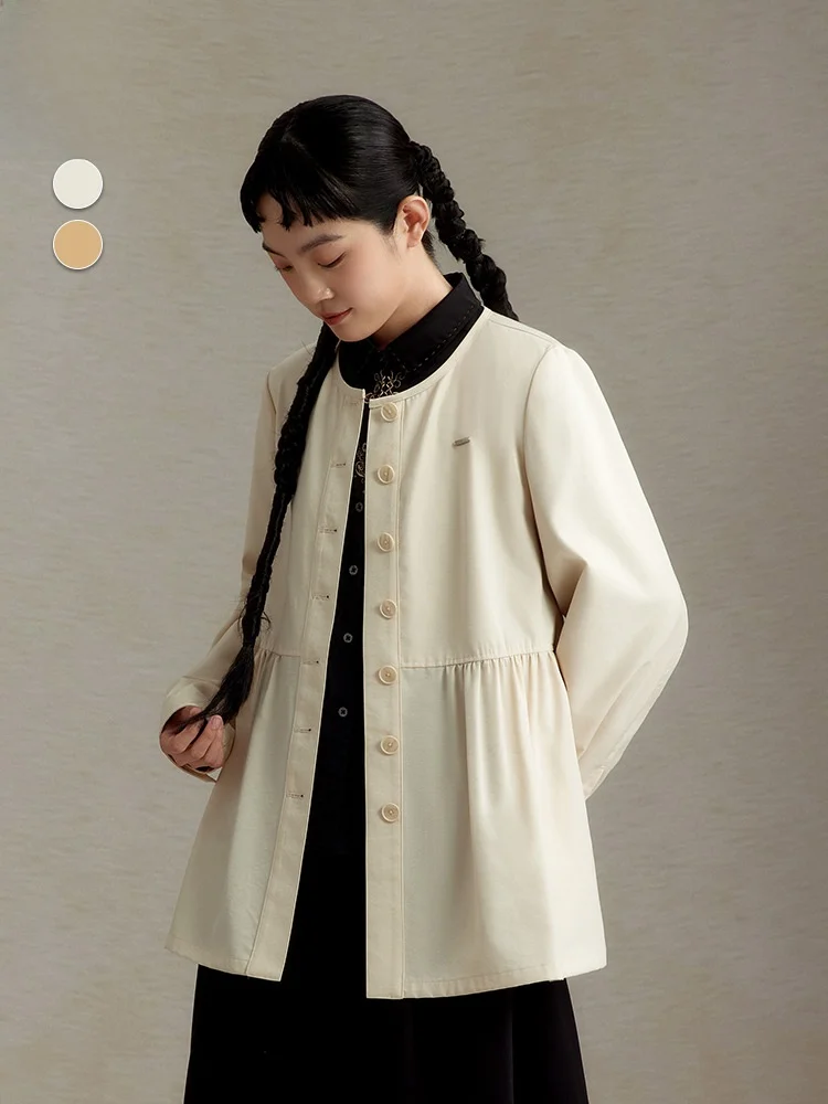 

Artistic Style Pure Color Khaki A-Line Mid-Length Coat round Neck Button up Women's Fashion Outerwear Retro Series