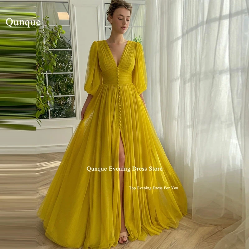 Qunque Orange Slit Prom Dress V-neck Pleated Puff Sleeves Tulle Formal Evening Dress Customized Women Party Gowns With Buttons