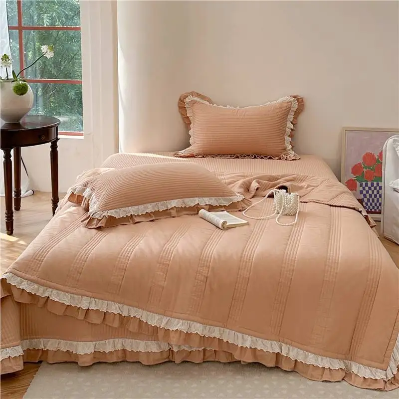 

French Style 100% Cotton 3-Piece Double Gauze Bedspread Set - Solid Color Embroidered Quilt with Lace Trim, All-Season