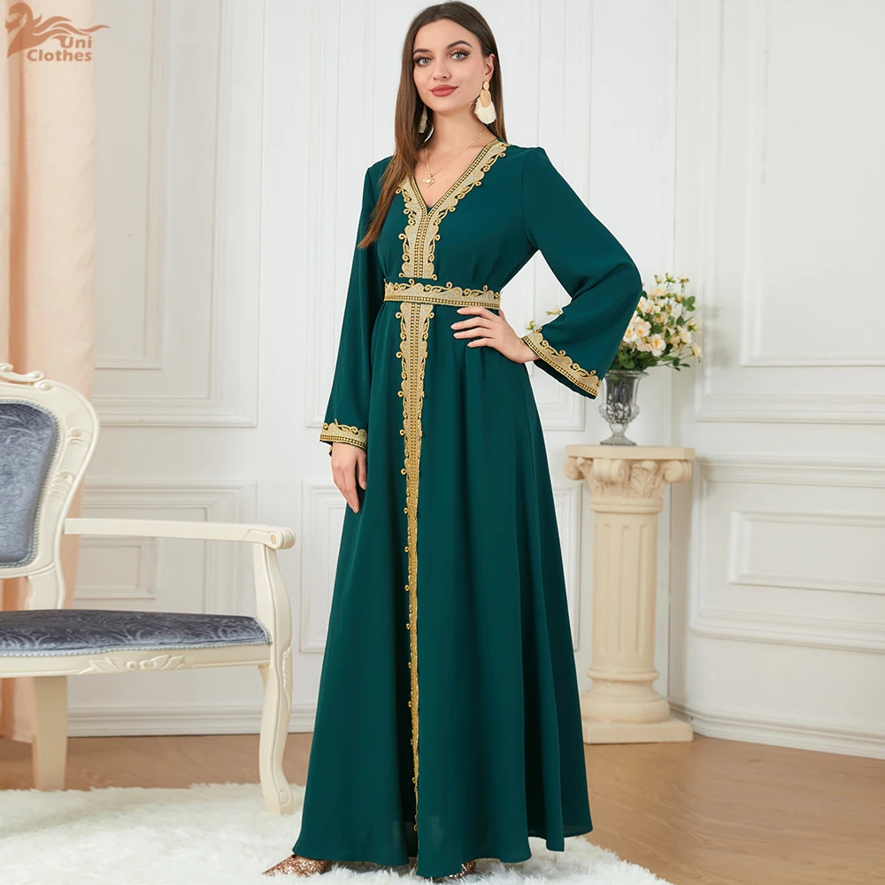 

Uni Dubai Muslim Women's Clothing Pure Color Splicing Basic Loose Embroidered Long Skirt Long Sleeve Dress