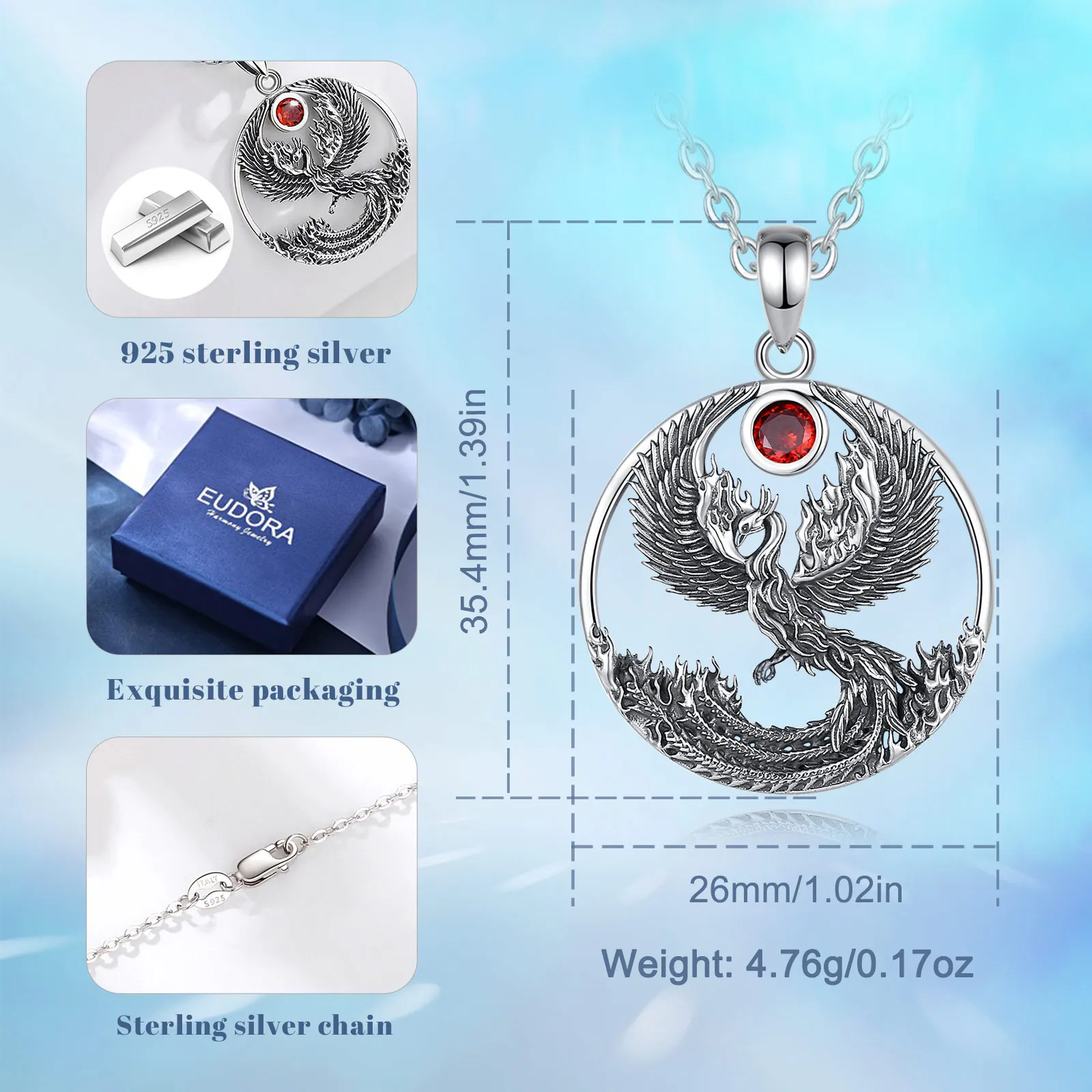 Eudora Real 925 Sterling Silver Phoenix Neckalce for Women Man Vintage Sun Phoenix Pendant Fine Personality Jewelry Party Gift