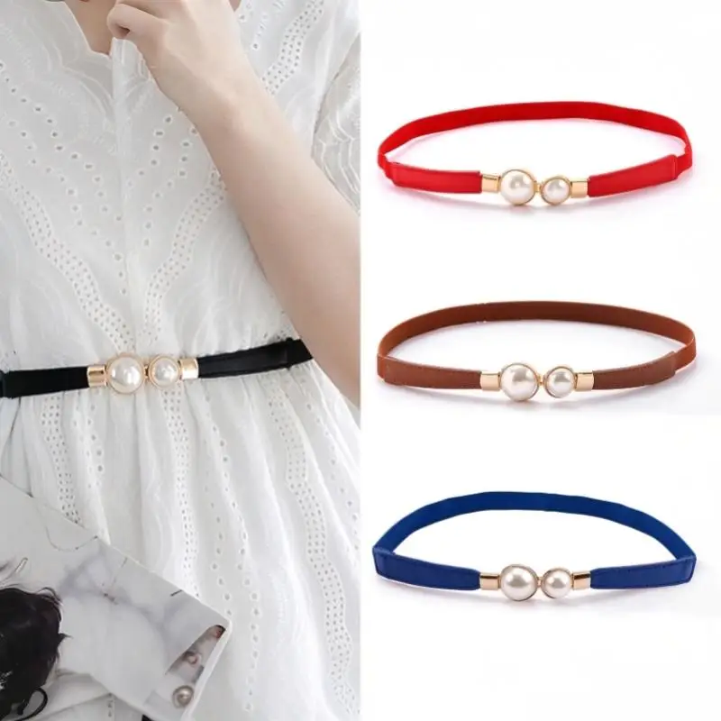 Elegant Double Pearls Buckle Elastic Women Belts Thin Straps Lady Girl Dress Skirt Decor Waistbands Trouser Dress Decoration