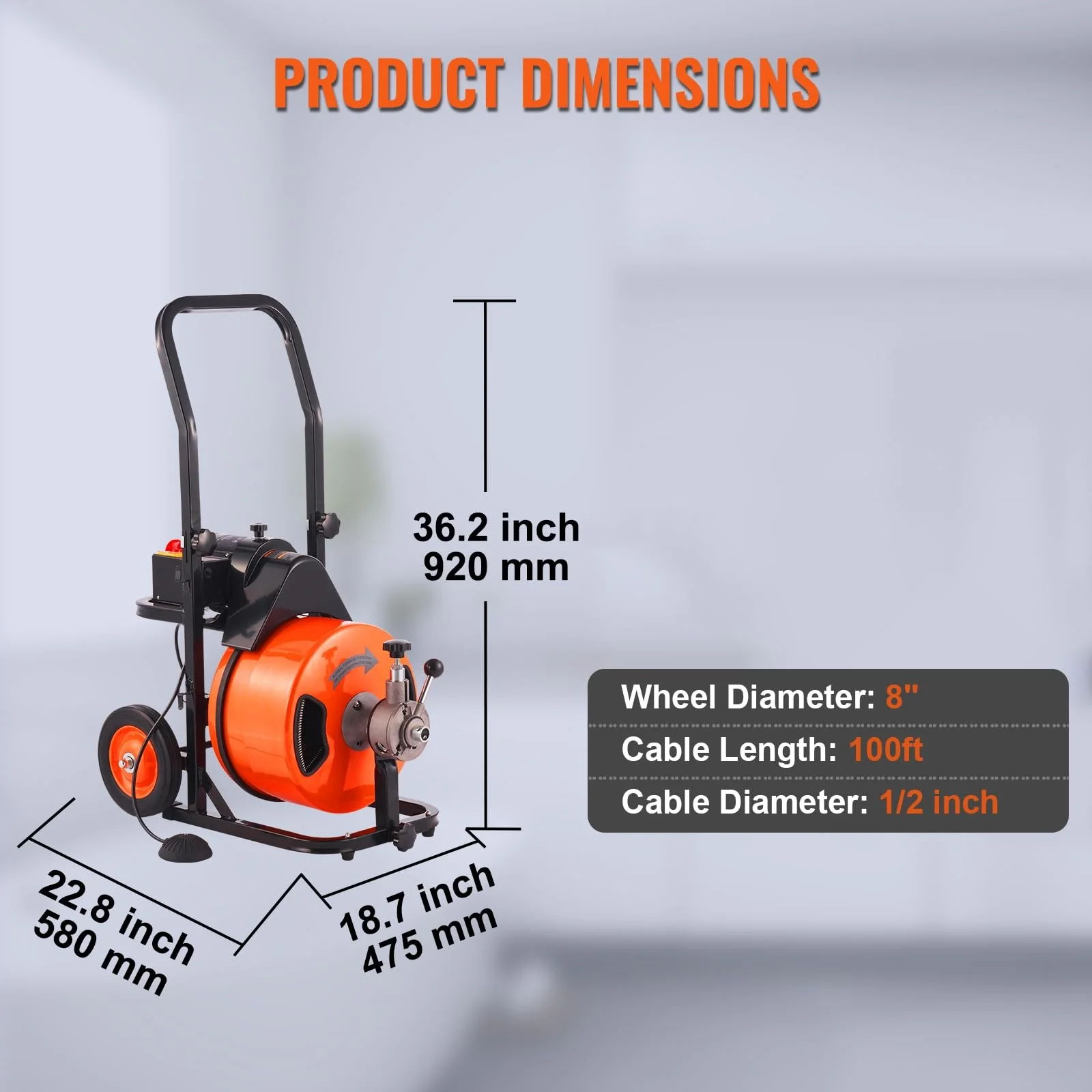 100 FT x 3/8 Inch Sewer Snake Machine Auto-Feed Drain Auger Cleaner 4 Cutters 1\" 4\" Pipes Orange Cleaning Tools Accessories