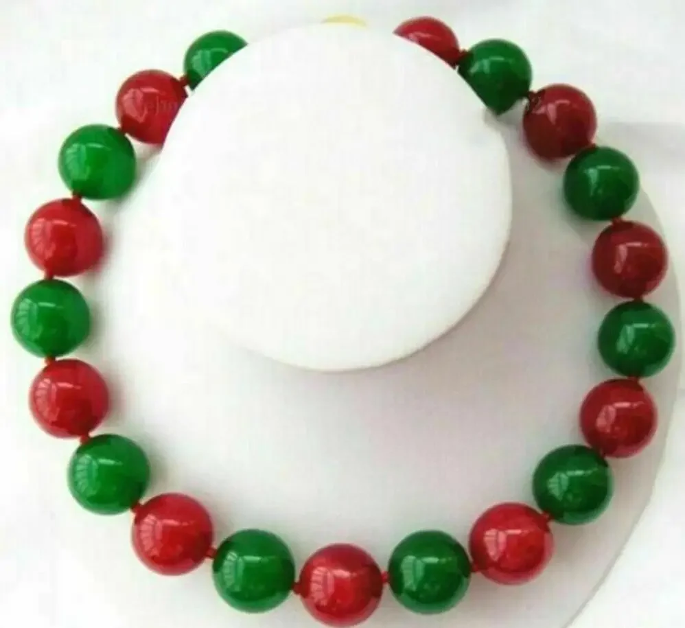 

New natural 12mm Round Green Red emerald Bead Necklace 18 "AAA gem