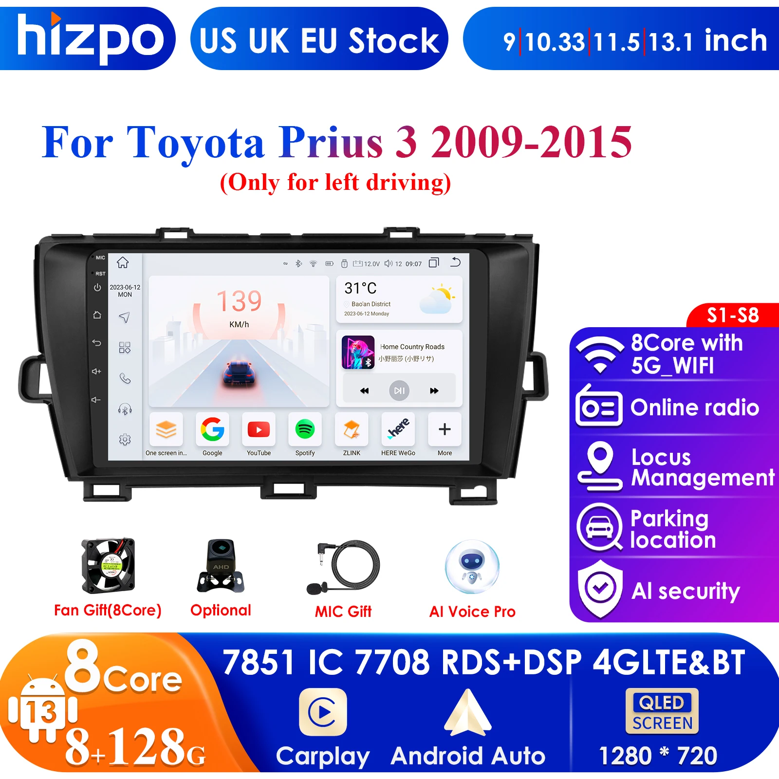 For Toyota Prius 3 XW30 2009-2015 Android 13 Car Radio Multimedia Video Player GPS Navigation Carplay 4G QLED Screen DSP Stereo