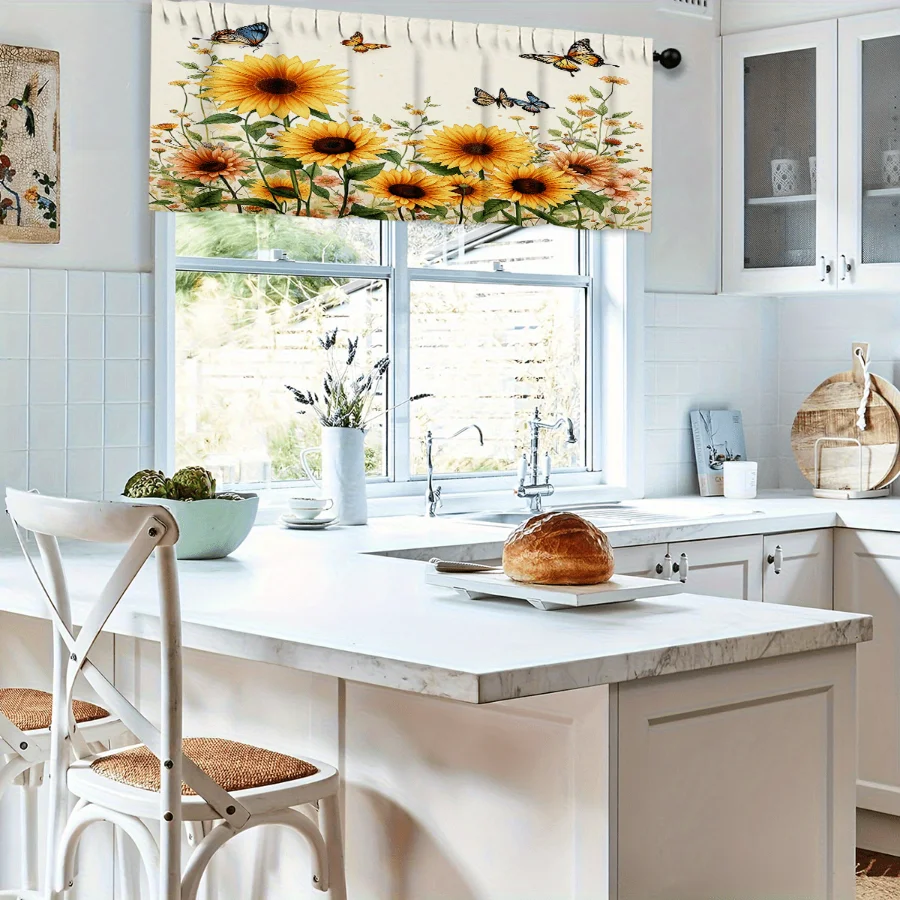 Sunflower Colorful Butterfly Wildflower Print Kitchen Curtain, Beige Rod Pocket Tiers for Country Kitchen Home Decor