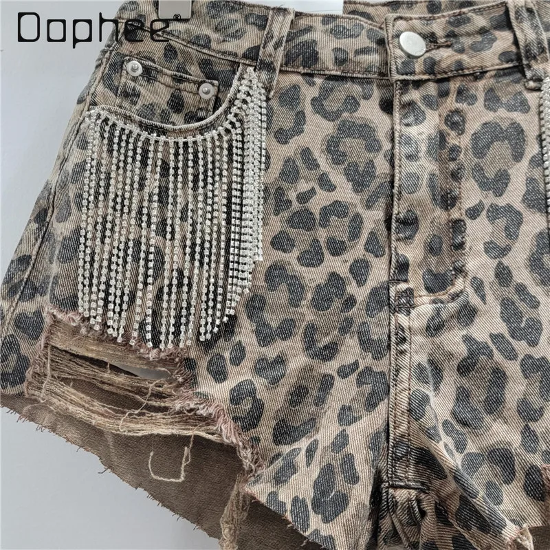 Diamond Fringed Denim Shorts Women 2025 Summer New Retro Leopard Print High Waist Ripped Rough Edge Wide Leg Pants Sexy Shorts