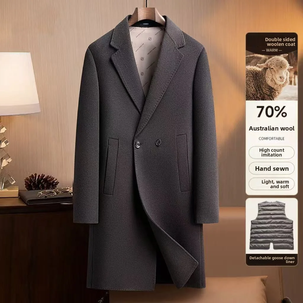 2025 Autumn/Winter New Men's Double sided Intimate Coat with Detachable Goose Fleece Inner Tank, Medium length, Wool Content 70%