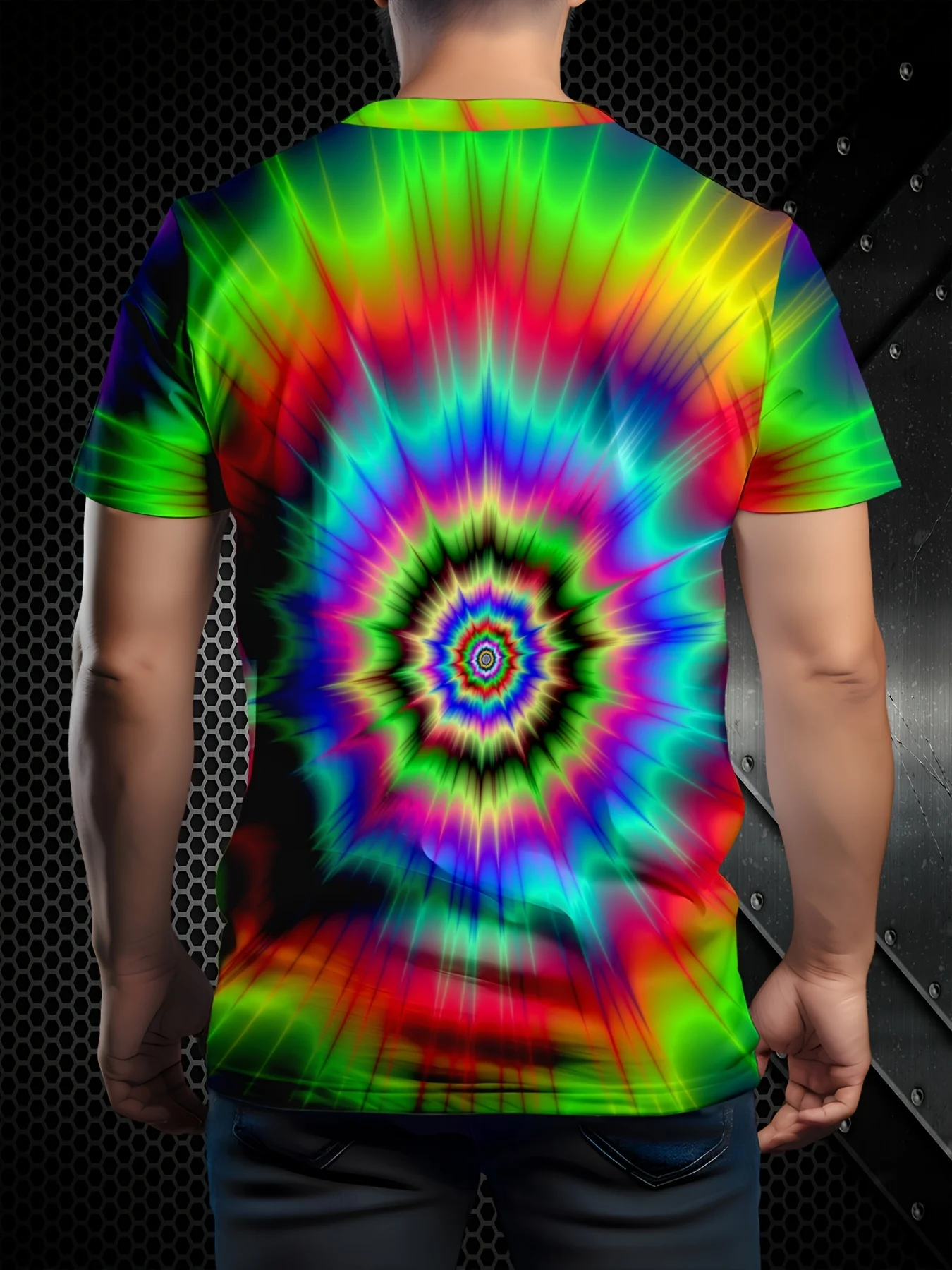 Herren Tie-Dye T-Shirt Regenbogen Spiral Psychedelischer Druck Rundhals Kurzarm Lässiges Hippie Streetwear Oberteil – Detail 4
