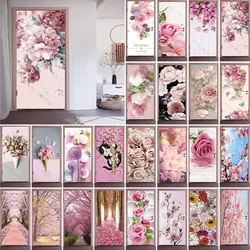 Pink Flowers 3D Door Stickers Self Adhesive PVC Poster for Whole Door Cover Sticker Apartment Home Door Fridge Art Mural Decor