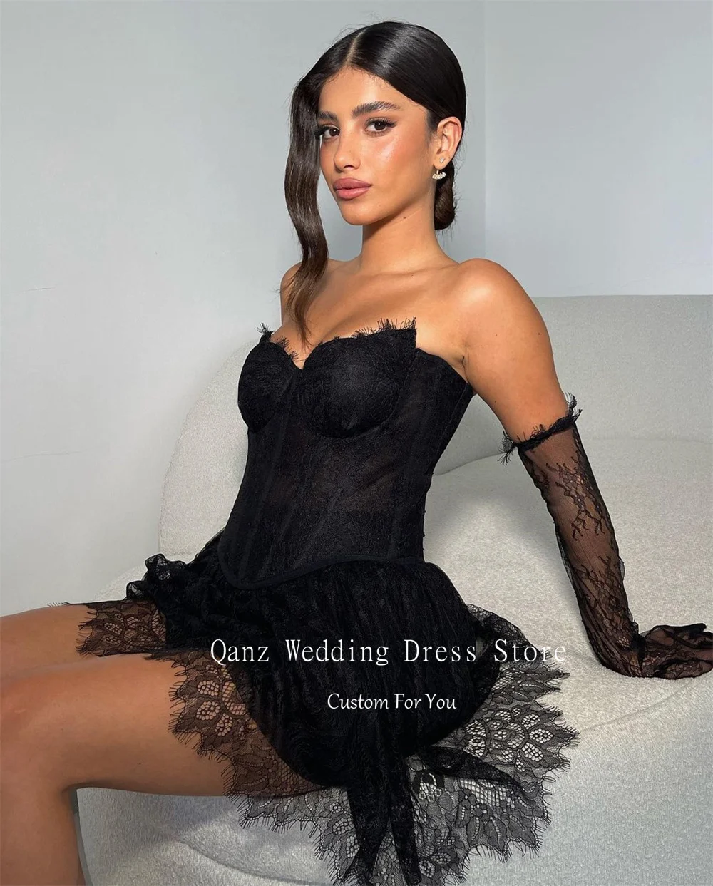 Qanz Black Lace Prom Dresses Appliques Corset Back Vestidos De Gala Short A Line No Gloves Birthday Dresses Luxury Customized