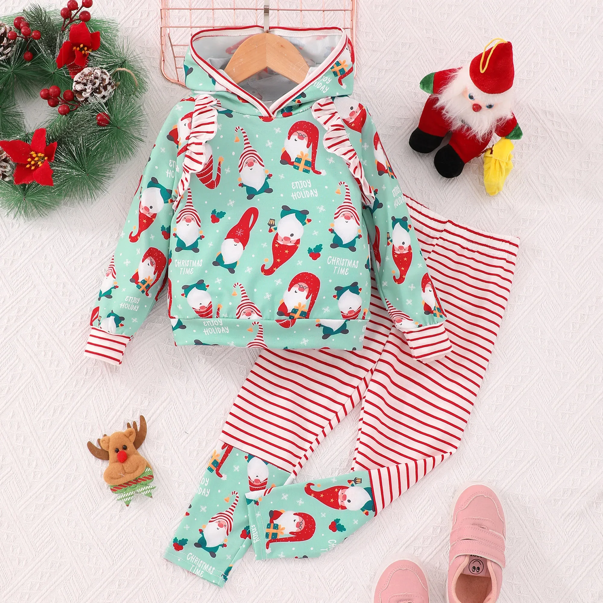 2025 Kids Girls Clothing Set Spring Autumn Long Sleeve 2 Pcs Set Santa Claus Ruffle Children Outfits Casual Stripe Girls Suits