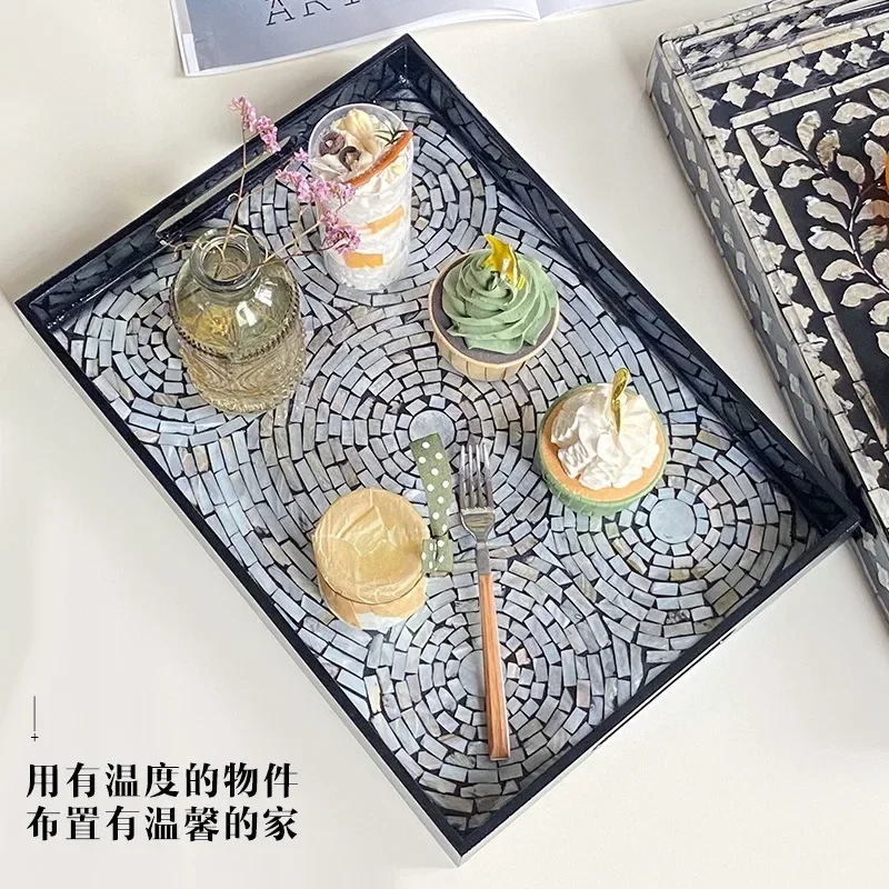 Storage Tray Shell Square Light Luxury Black Plate Restaurant Living Room Bathroom Cosmetics Afternoon Tea Tray Home Decoration