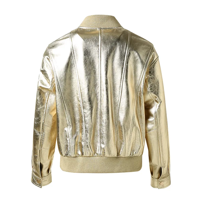 Chaqueta de piel de oveja auténtica para mujer, abrigo de motorista corto, reflectante, liso, de una sola botonadura, ropa de calle, invierno, 2024,