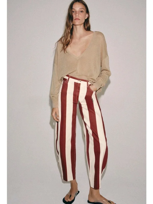 Summer Women's High Waist Zipper Style Cone Shaped Denim Long Pants Striped Casual Fashion Ladies' Jeans High Elasticity Poly...