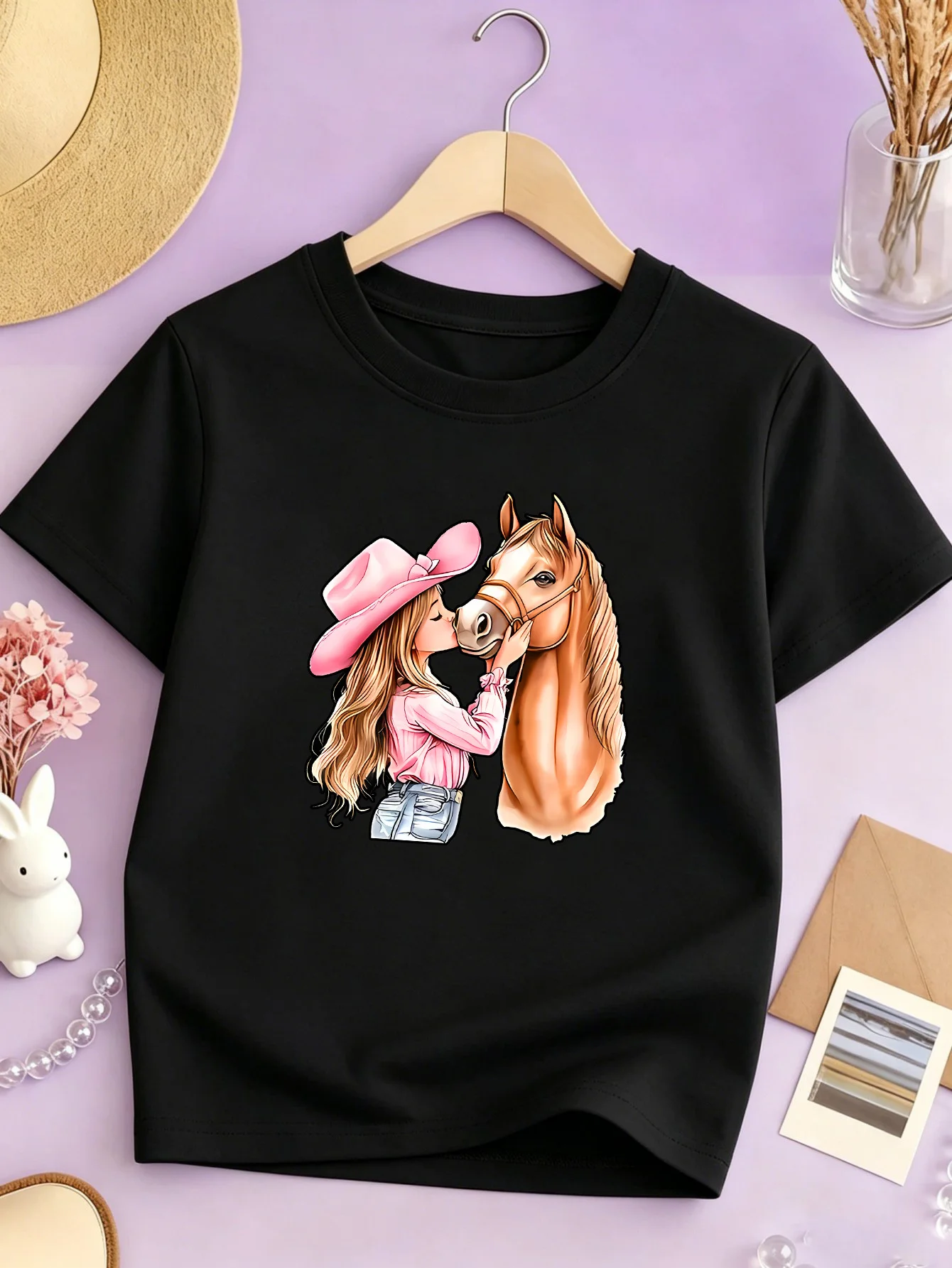 Cowgirl Kiss Horse Western Style Print Kids T Shirt Boys Girls Cotton Short Sleeve Parent Child Elegant Animal Summer Casual Tee