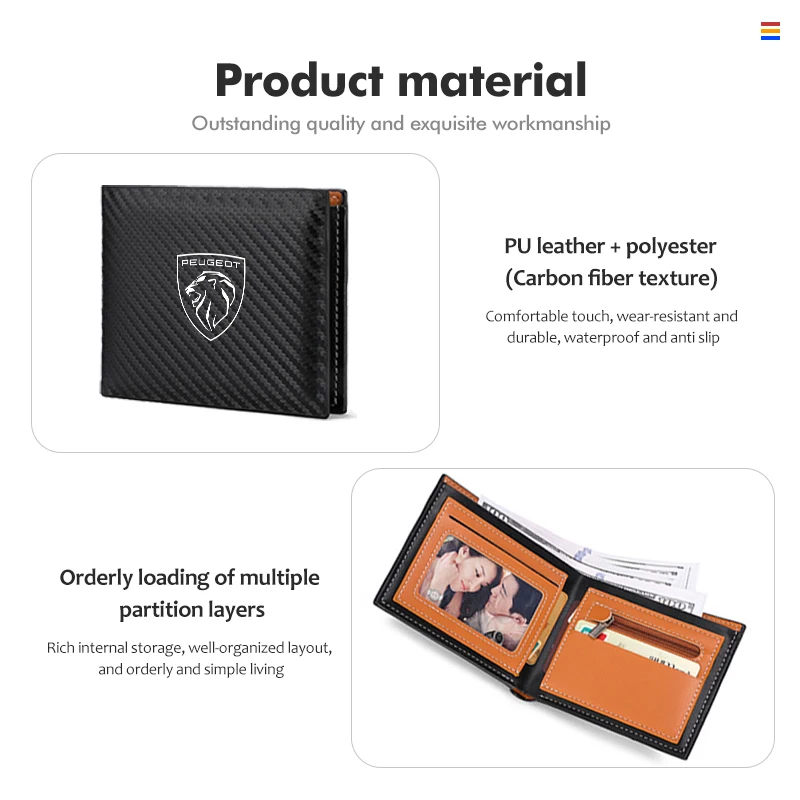 Car Men Wallet Short Card Purses Carbon Fiber Money Clip Holder For Peugeot 2008 3008 307 308 206 207 208 407 508 5008 106 107