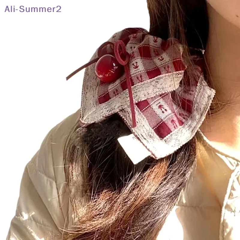 

{Summer2} {Summer2} Sweet Style Red Check Cherry Scrunchies Lace Cherry Square Scarf Hair Rope Hair Accessories Girls Gift