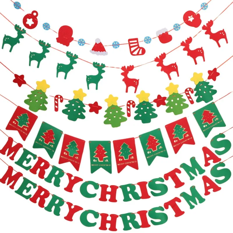 Merry Christmas Banner Hanging Ornaments Festive Garland Flags New Year Party Home Decoration Xmas Tree Santa Elk Felt Pull Flag