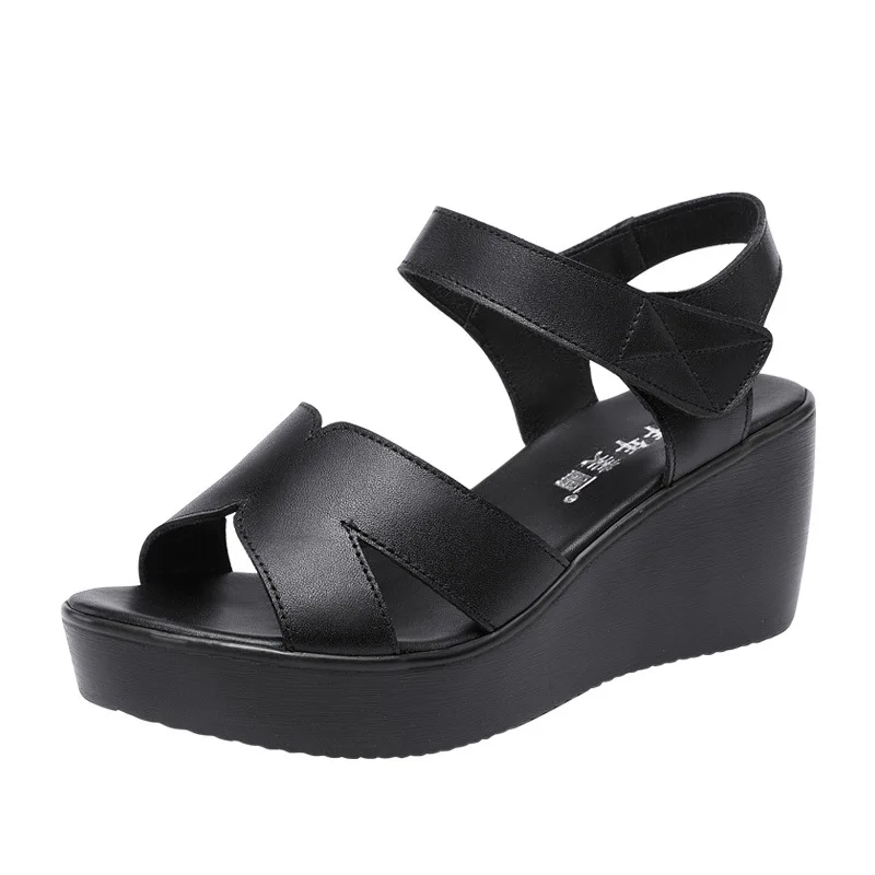 High quality summer leather wedge sandals for women 6cm mid heel 2024 size 33 43 platform open toe elegant shoe black red white