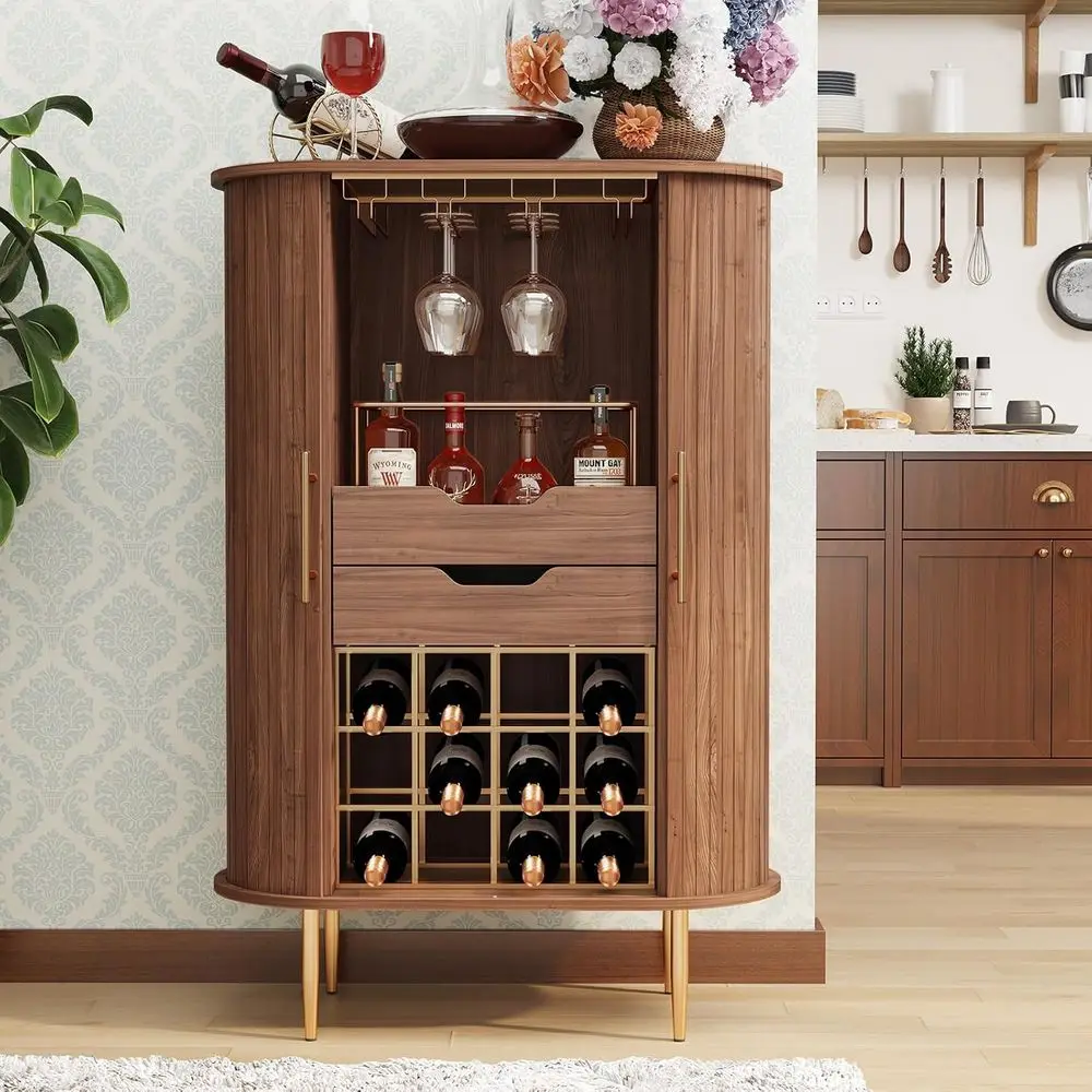 

16-Bottle Wine Storage Cabinet with Glass Rack, Coffee Bar, and Tambour Door in Walnut Finish