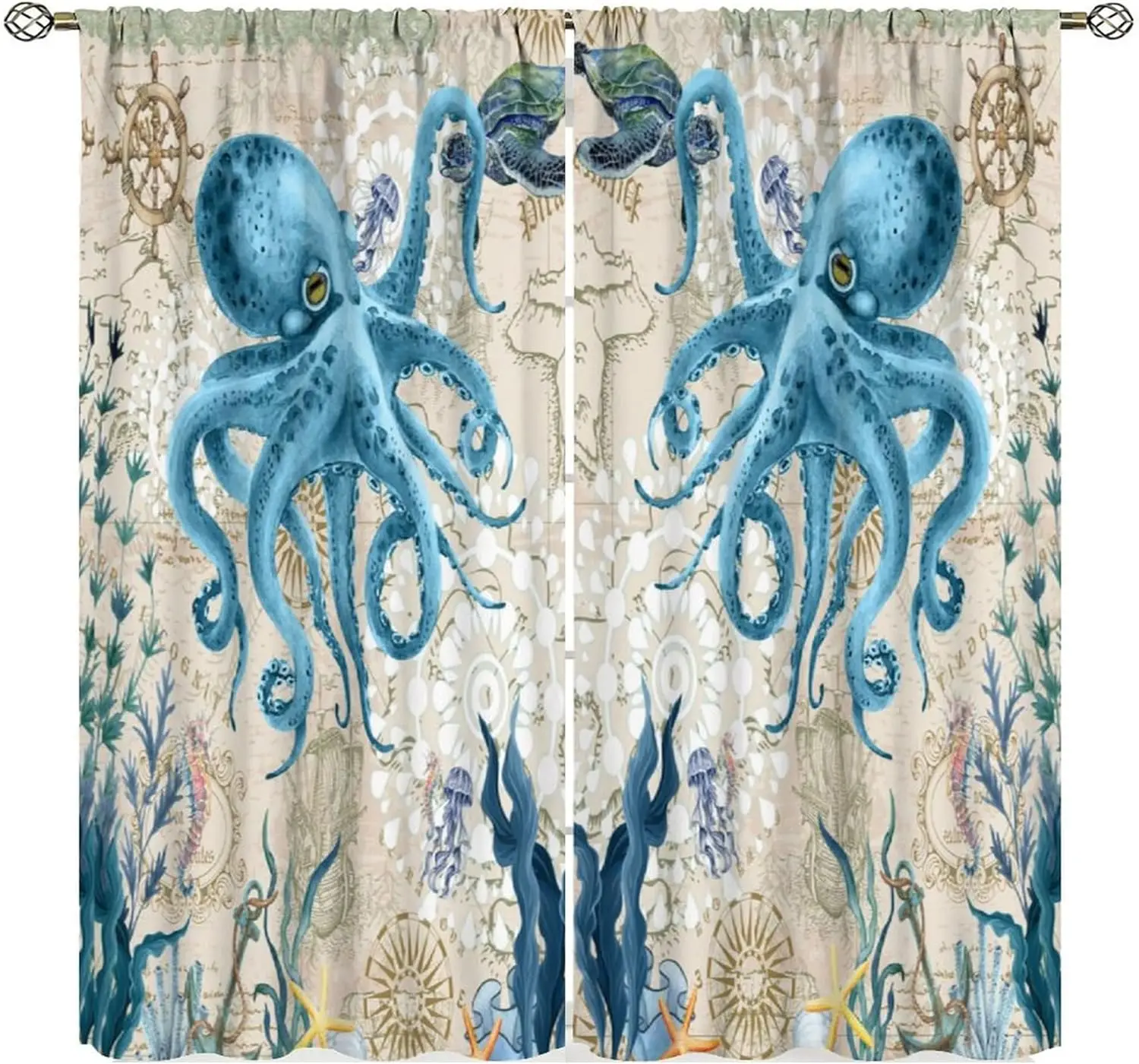 

Шторы в виде осьминога, коралловые океанские животные с морской картой и морскими звездами, пляжные оконные шторы с узором для спальни, кухни