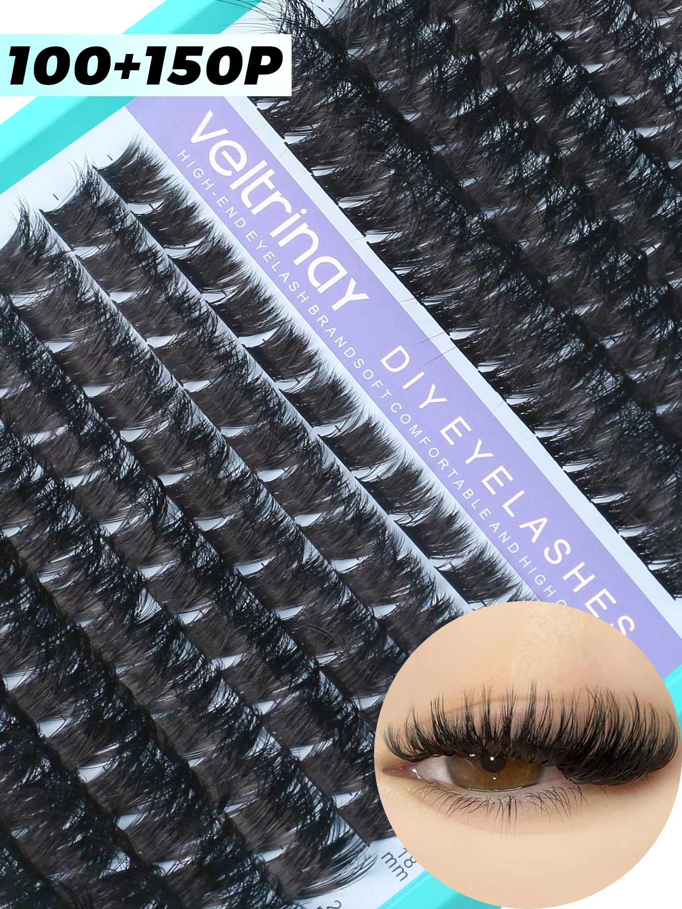 VELTRINAY Lash Clusters Long 12-26mm Fluffy Thick 100D+150D 2style Mixed 128pcs D Curl Eyelashes Clusters DIY at Home