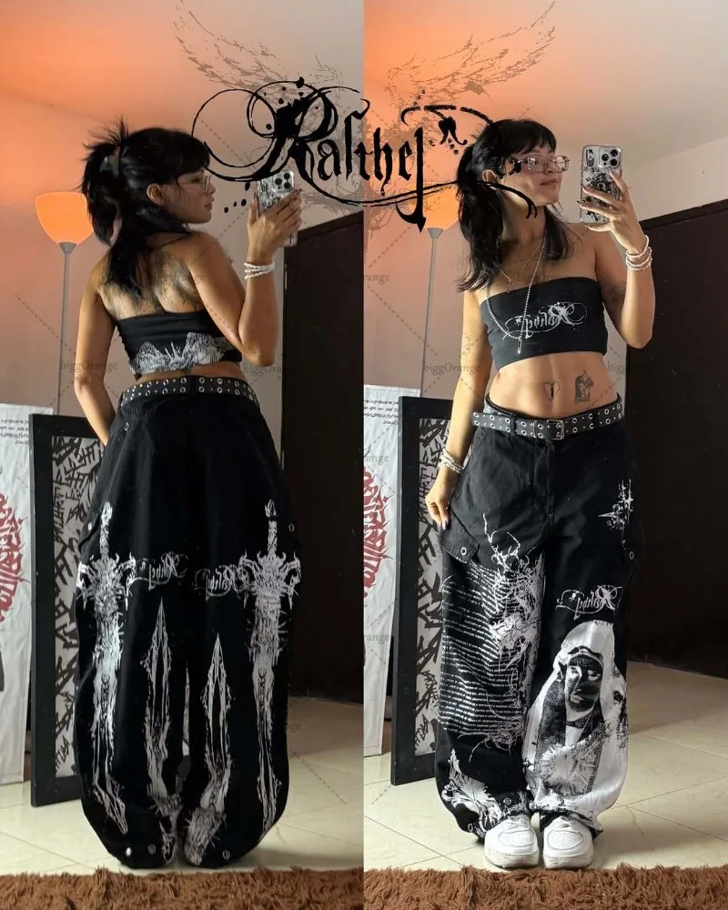 العلامة التجارية العصرية الهيب هوب الشرير الشارع الشهير بنطلون القوطية Harajuku Y2K الجينز النساء شارع العليا الرجعية عادية عالية الخصر واسعة الساق السراويل