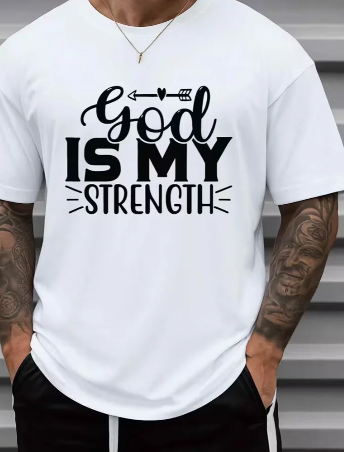 Men's God Is My Strength T-Shirt Casual Short Sleeve Round Neck Apparel God Saying Print Church Casual Attire & Gifts T-Shirt