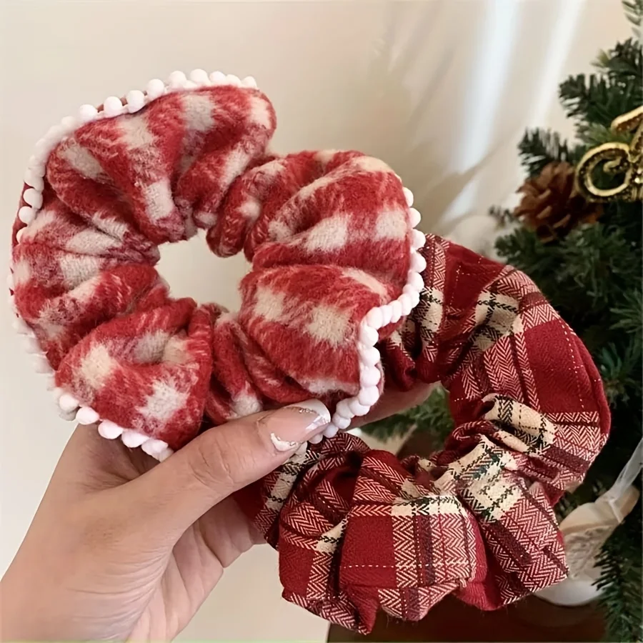 3pcs Red Lace Plaid Scrunchie Set for Women, Vintage Versatile Hair Ties, Christmas-Themed Hair Accessories