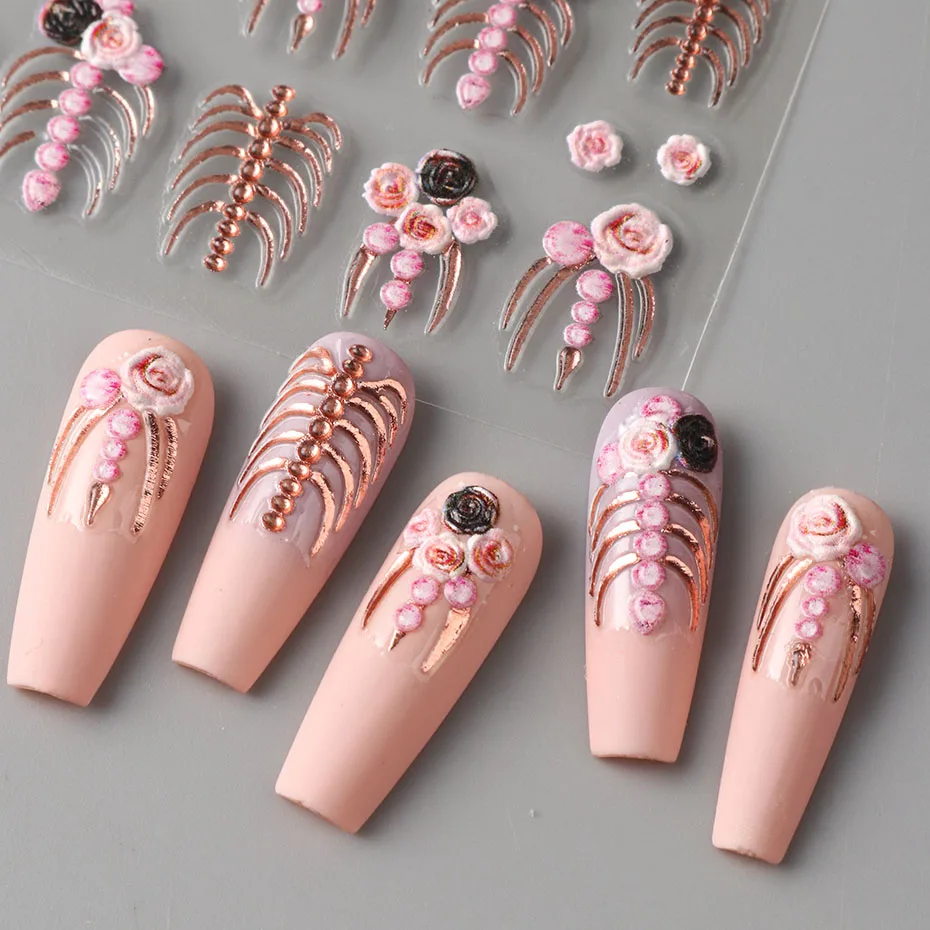 Cage à ruban de crâne d'halloween 5D, décoration de manucure auto-adhésive en relief sur le thème d'halloween avec décalcomanie d'ongle d'os de main Vintage Rose dorée