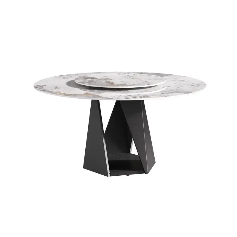 59" Round Marble Dining Table with Black Iron Base, Artificial Stone for 6-8 People, 31.5" White Turntable, White Finish,