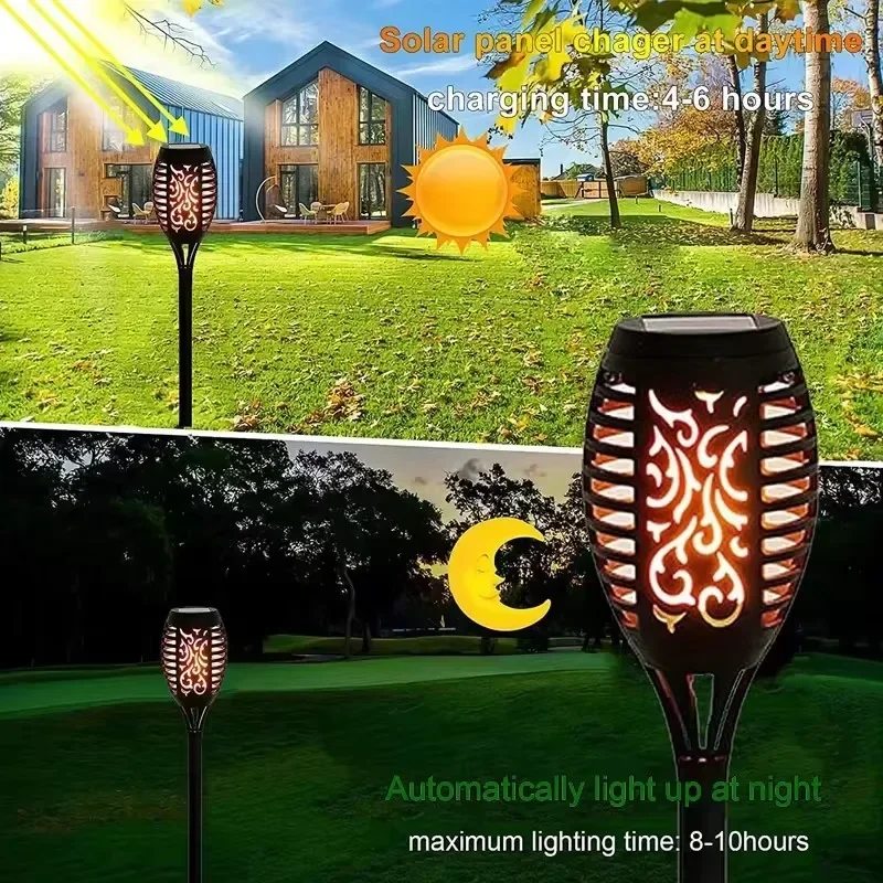 Impermeável Solar Flame Torch Lights, Flickering Light, lâmpadas de assoalho, decoração do jardim ao ar livre, caminho do gramado, quintal, pátio, 6Pcs, 12LED