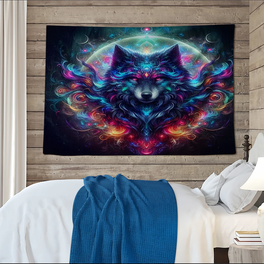 1PC Digital Printed Tapestry Wall Hanging, Colorful Mandala Wolf Head Art, Psychedelic Tribal Totem Wall Decor