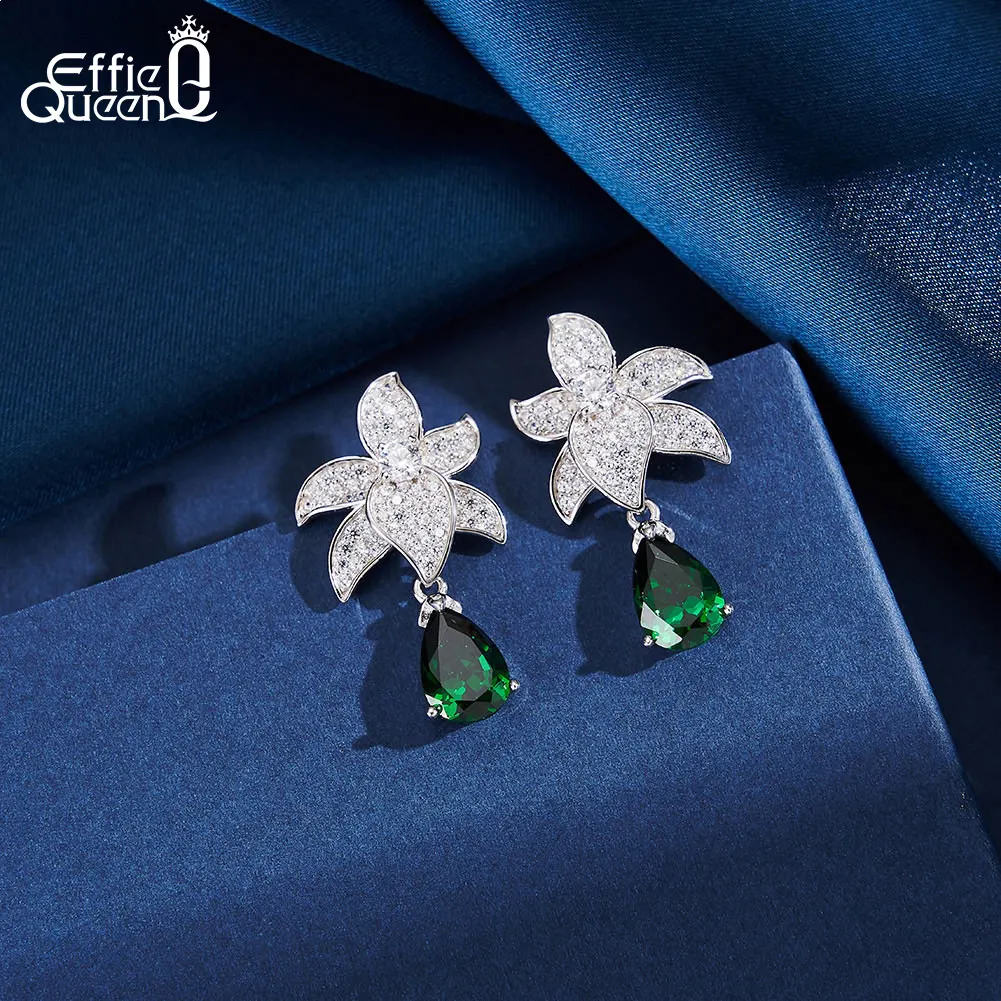 Effie Queen 925 Sterling Silver Flower Dangle Earrings Created Emerald With 5A Cubic Zirconia May Birthstone Party Present LZE37