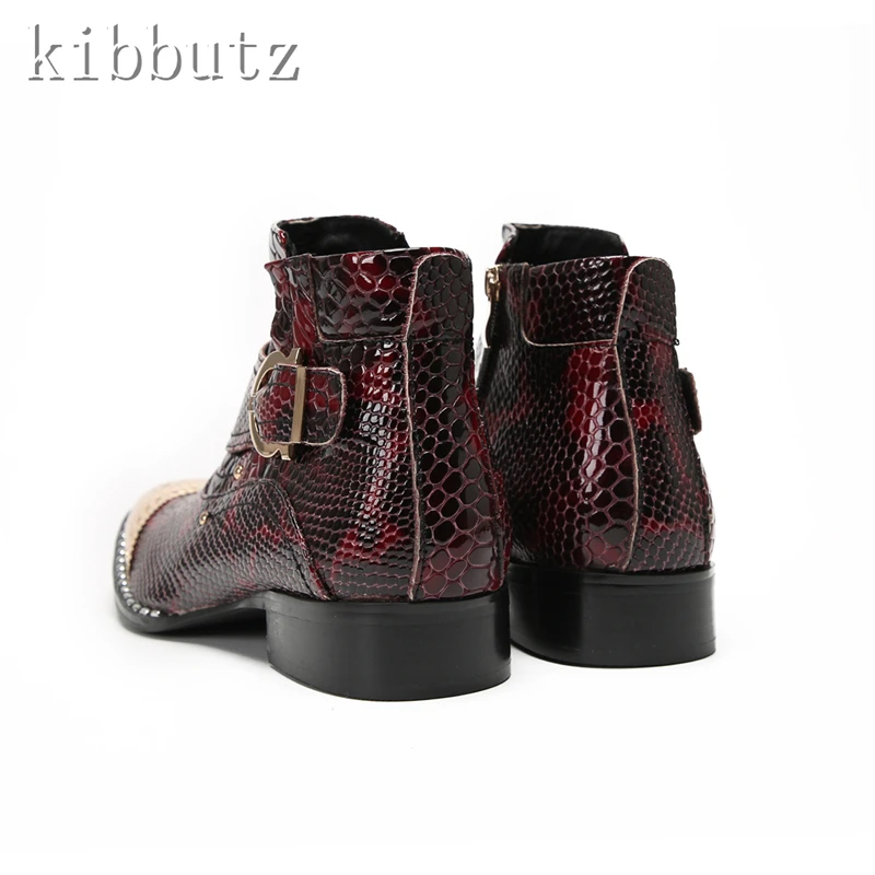 Luxury Design Metal Toe Men Short Boots Snakeskin Genuine Leather Buckle Decor Zipper Ankle Boots Male Party Wedding Dress Boots