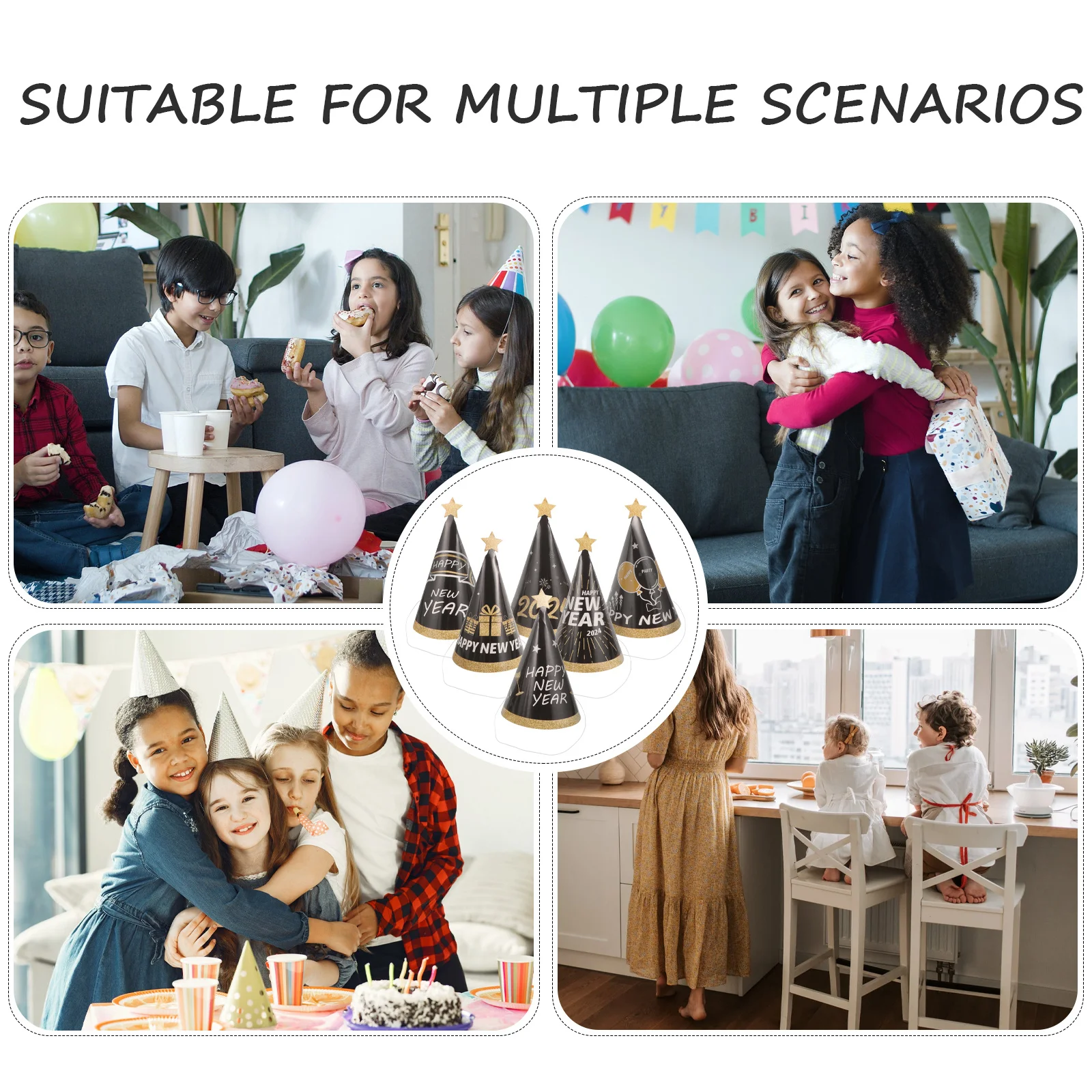 

6Pcs New Year Paper Hats Black Gold Cone Cone Hats Party Supplies 2024 Happy New Year Party Favors Comfortable Lightweight