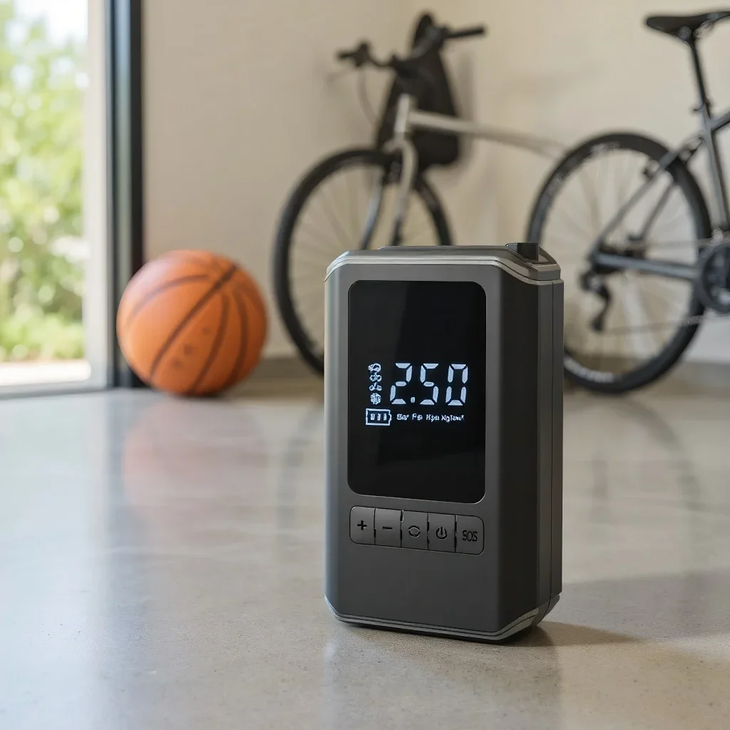 

Portable Car Air Pump - Wireless Rechargeable Tire Inflator with LED Emergency Light