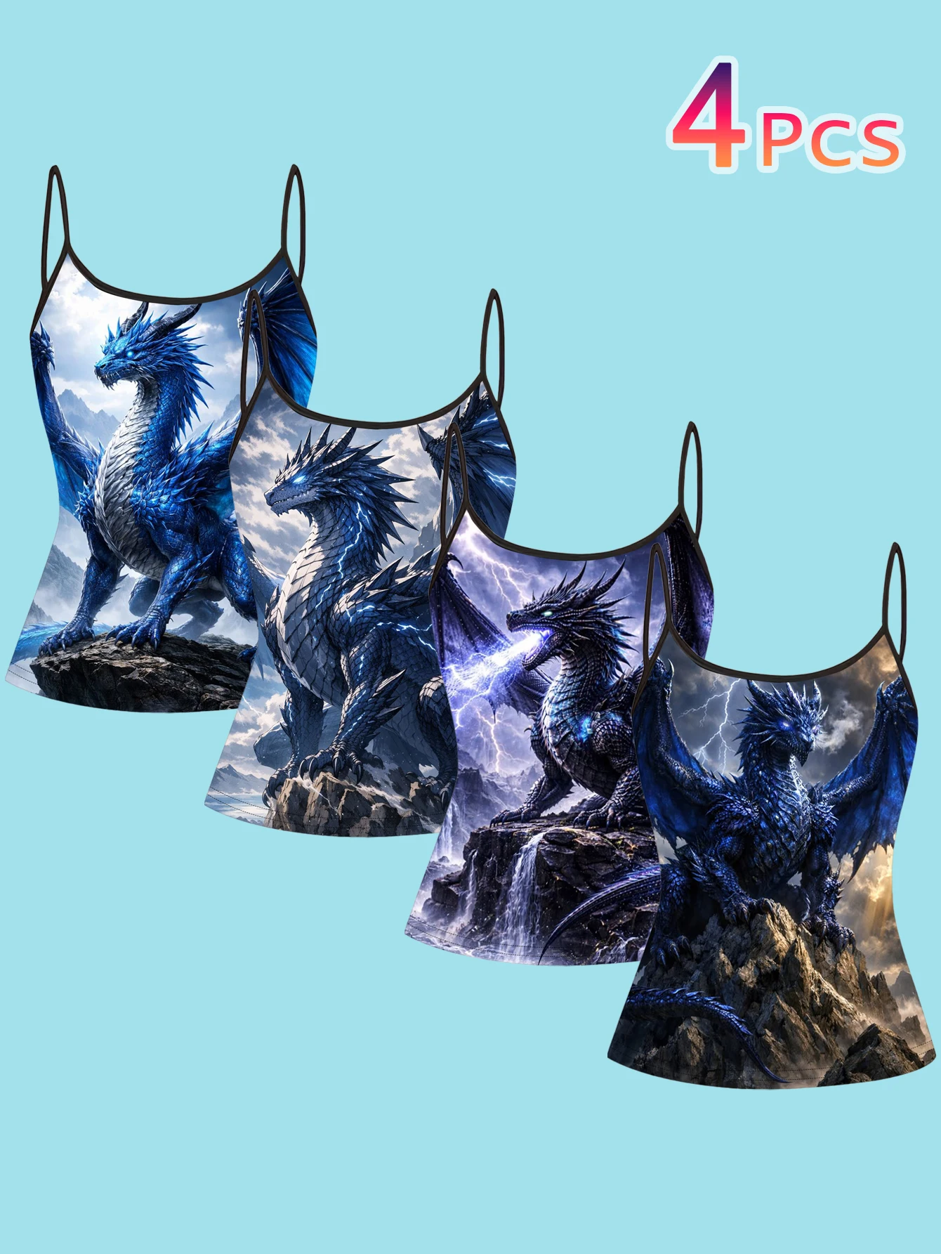 4-Pack of Women's Ice Blue Dragon Print Camisoles with Rock, Mountain, Lightning, and Western Dragon Designs, Slim-Fit Spaghetti Strap Inner Tops