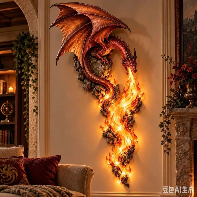 LED Dragon Wall Sconce 3D, Fire Breathing Light Sculpture Fantasy, Red Winged Beast Home Living, Room Bedroom Decor Gift Art